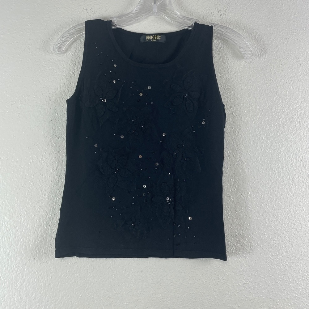 D.D. Morris Paris Tank Top XS Black Floral Sequin Y2K Whimsigoth Embellished